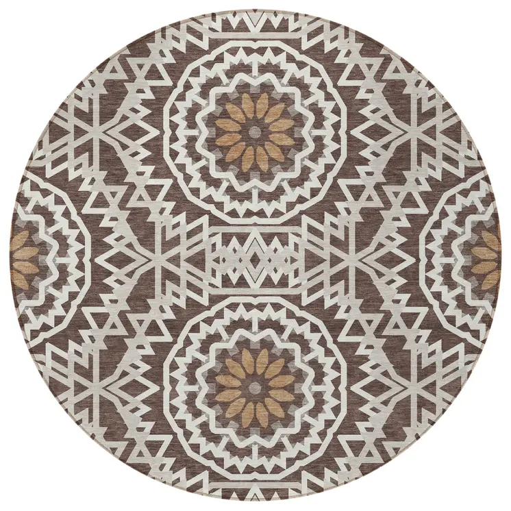 8' Chocolate Ivory And Taupe Round Floral Medallion Washable Indoor Outdoor Area Rug