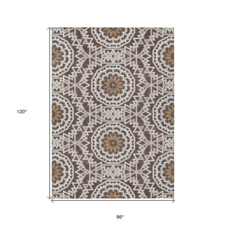 8' X 10' Chocolate Ivory And Taupe Floral Medallion Washable Indoor Outdoor Area Rug