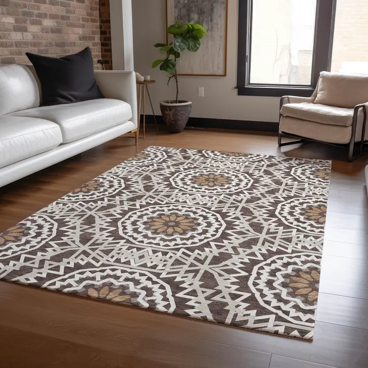 8' X 10' Chocolate Ivory And Taupe Floral Medallion Washable Indoor Outdoor Area Rug