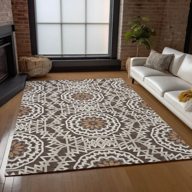 8' X 10' Chocolate Ivory And Taupe Floral Medallion Washable Indoor Outdoor Area Rug