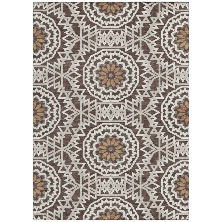 9' X 12' Chocolate Ivory And Taupe Floral Medallion Washable Indoor Outdoor Area Rug