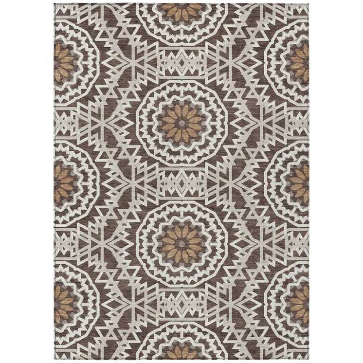 9' X 12' Chocolate Ivory And Taupe Floral Medallion Washable Indoor Outdoor Area Rug