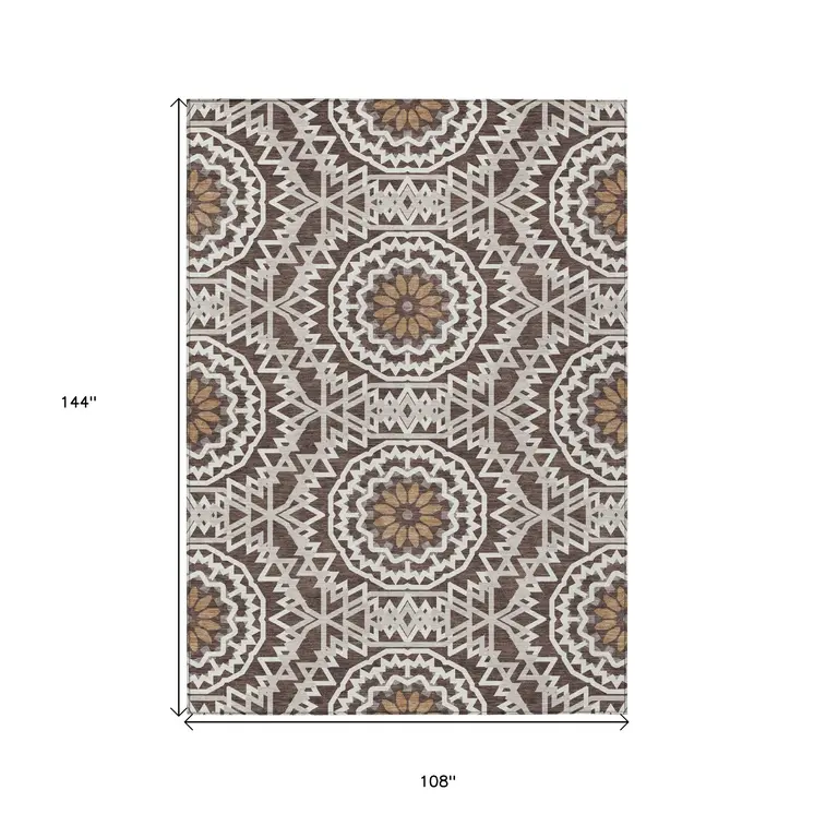 9' X 12' Chocolate Ivory And Taupe Floral Medallion Washable Indoor Outdoor Area Rug