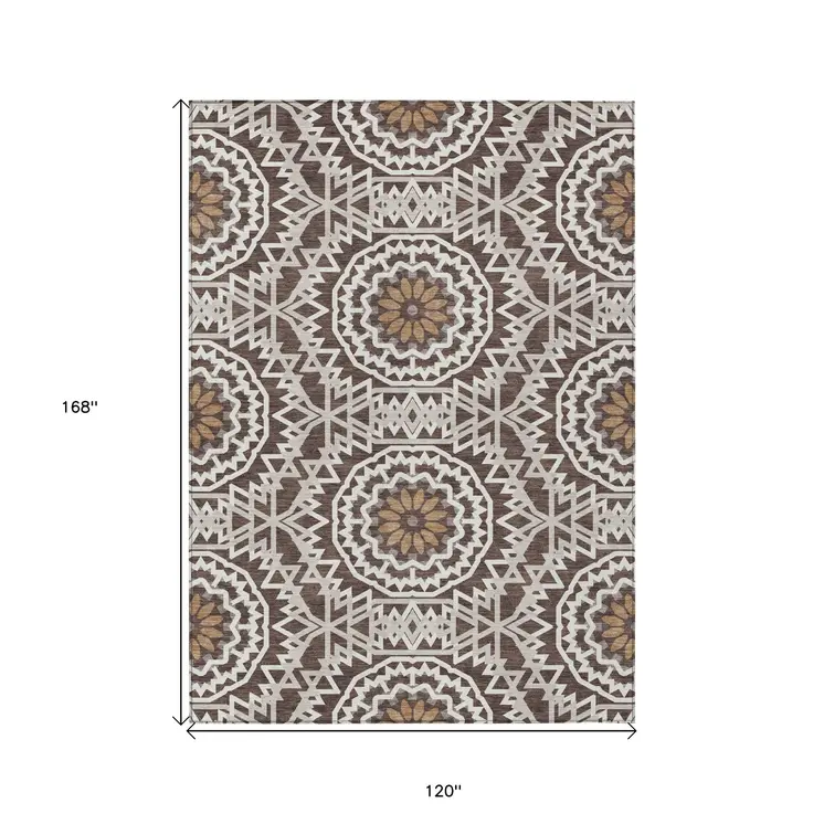10' X 14' Chocolate Ivory And Taupe Floral Medallion Washable Indoor Outdoor Area Rug