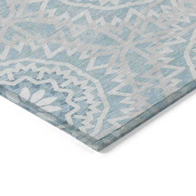 3' X 5' Denim Blue And Ivory Floral Medallion Washable Indoor Outdoor Area Rug