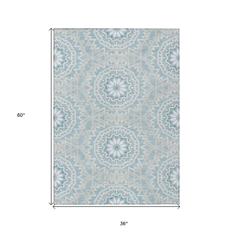 3' X 5' Denim Blue And Ivory Floral Medallion Washable Indoor Outdoor Area Rug