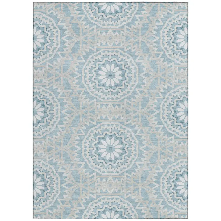 5' X 8' Denim Blue And Ivory Floral Medallion Washable Indoor Outdoor Area Rug