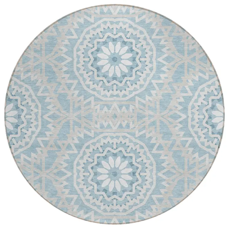 8' Denim Blue And Ivory Round Floral Medallion Washable Indoor Outdoor Area Rug
