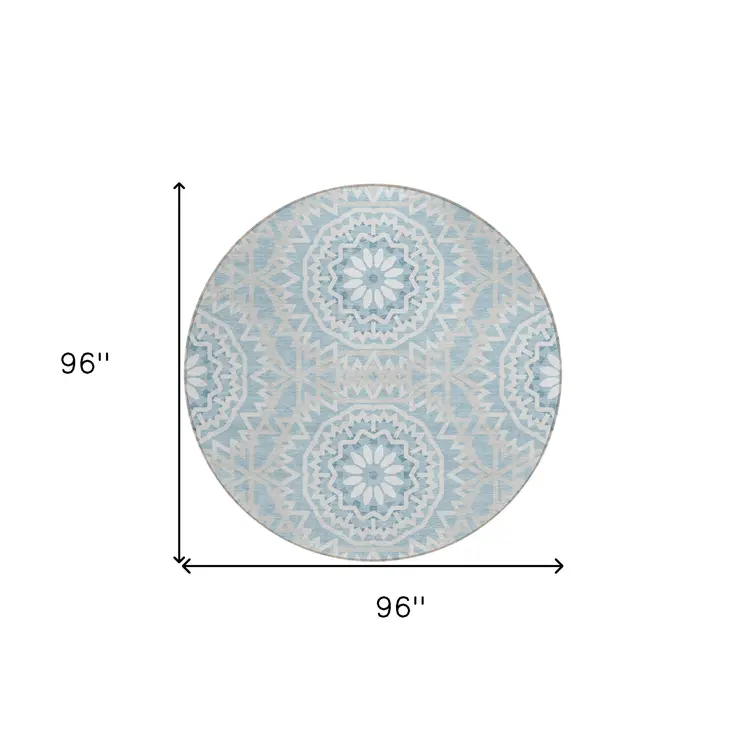 8' Denim Blue And Ivory Round Floral Medallion Washable Indoor Outdoor Area Rug