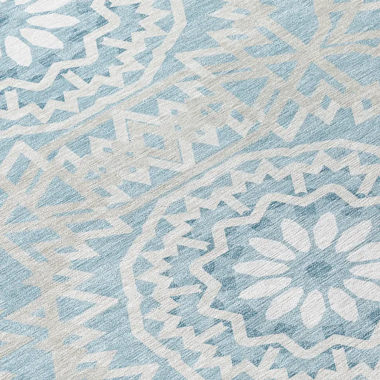 8' Denim Blue And Ivory Round Floral Medallion Washable Indoor Outdoor Area Rug