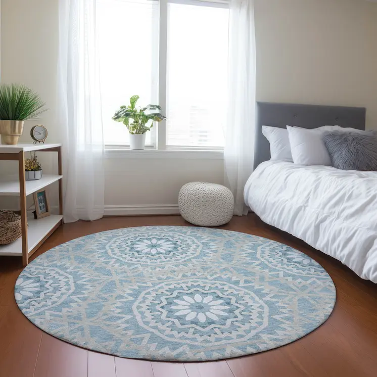 8' Denim Blue And Ivory Round Floral Medallion Washable Indoor Outdoor Area Rug