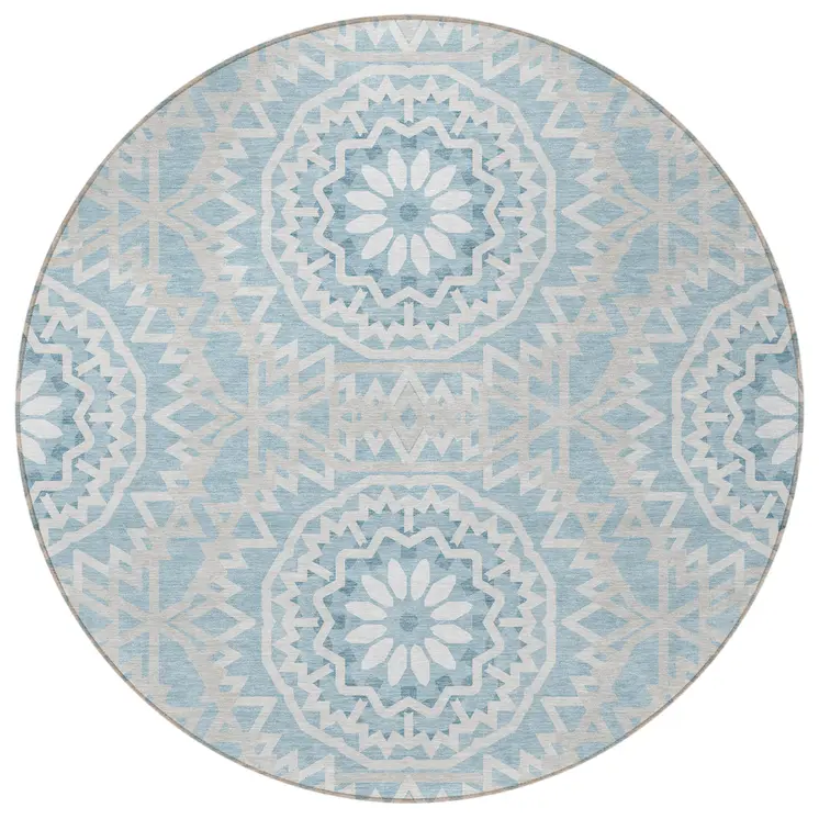 8' Denim Blue And Ivory Round Floral Medallion Washable Indoor Outdoor Area Rug