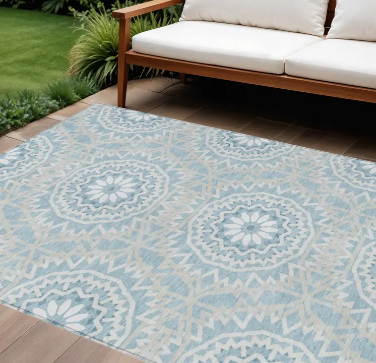 10' X 14' Denim Blue And Ivory Floral Medallion Washable Indoor Outdoor Area Rug