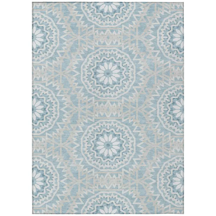 10' X 14' Denim Blue And Ivory Floral Medallion Washable Indoor Outdoor Area Rug