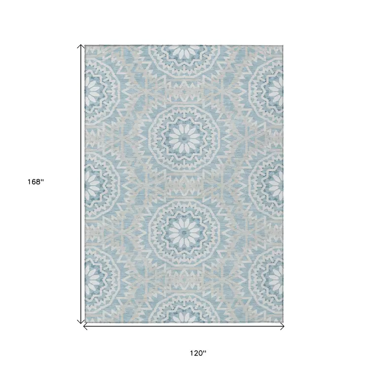 10' X 14' Denim Blue And Ivory Floral Medallion Washable Indoor Outdoor Area Rug