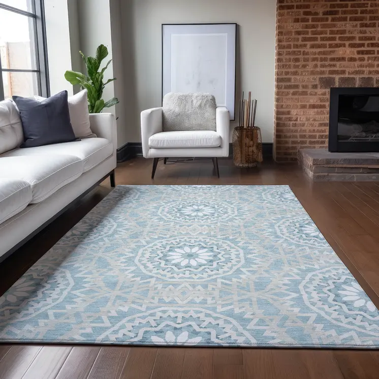 10' X 14' Denim Blue And Ivory Floral Medallion Washable Indoor Outdoor Area Rug