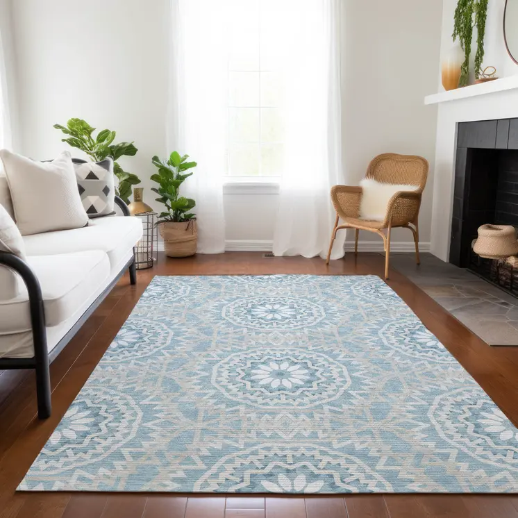10' X 14' Denim Blue And Ivory Floral Medallion Washable Indoor Outdoor Area Rug