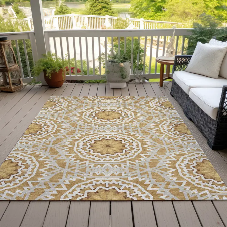 3' X 5' Gold Gray And Ivory Floral Medallion Washable Indoor Outdoor Area Rug