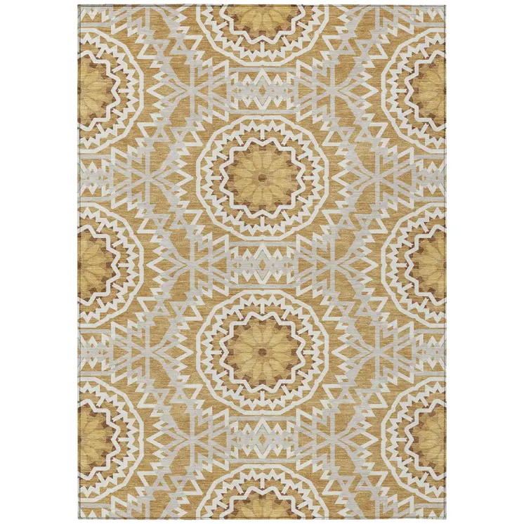 3' X 5' Gold Gray And Ivory Floral Medallion Washable Indoor Outdoor Area Rug