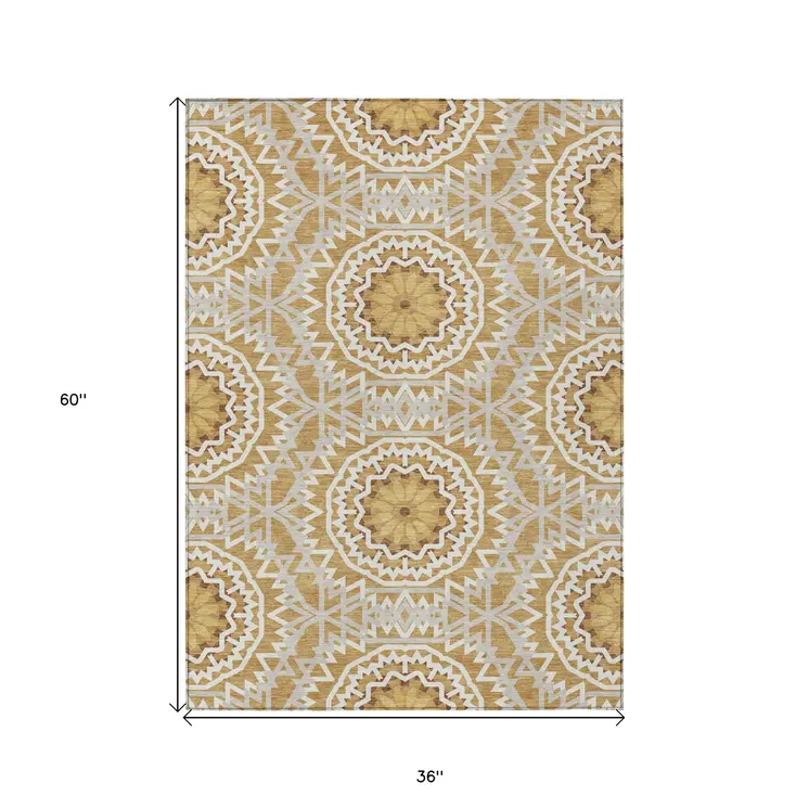 3' X 5' Gold Gray And Ivory Floral Medallion Washable Indoor Outdoor Area Rug