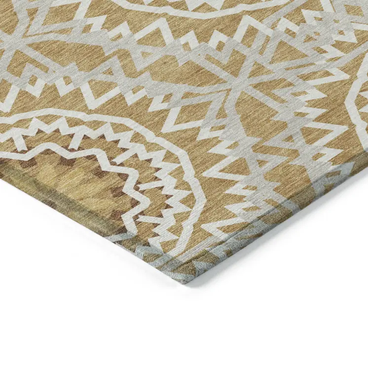 5' X 8' Gold Gray And Ivory Floral Medallion Washable Indoor Outdoor Area Rug