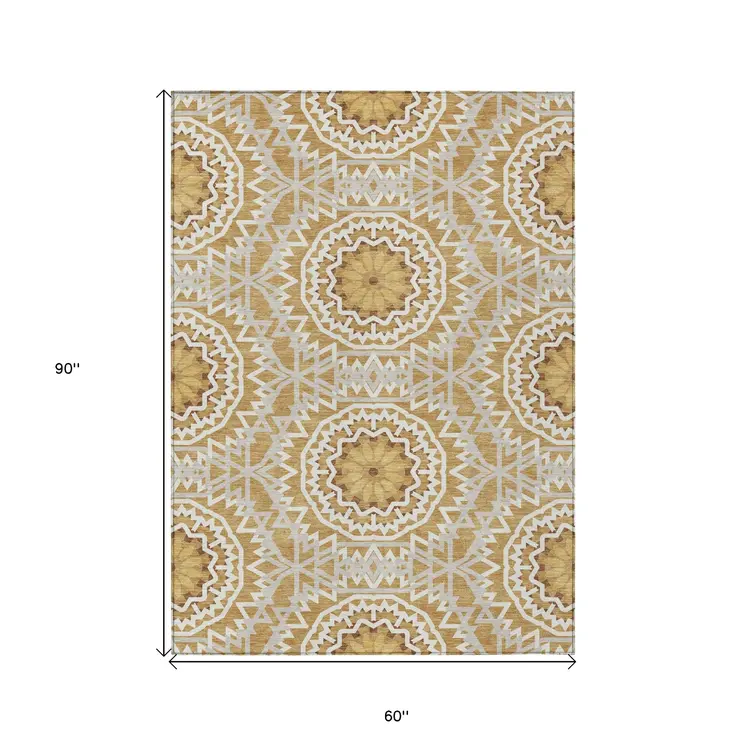 5' X 8' Gold Gray And Ivory Floral Medallion Washable Indoor Outdoor Area Rug
