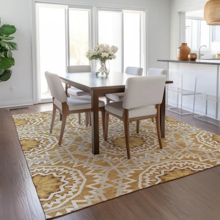 5' X 8' Gold Gray And Ivory Floral Medallion Washable Indoor Outdoor Area Rug