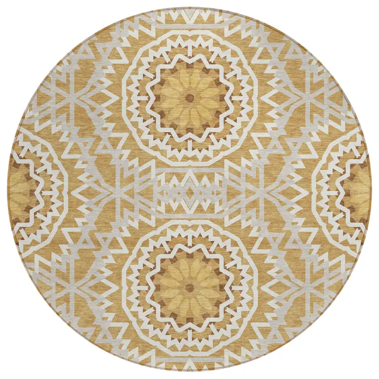 8' Gold Gray And Ivory Round Floral Medallion Washable Indoor Outdoor Area Rug