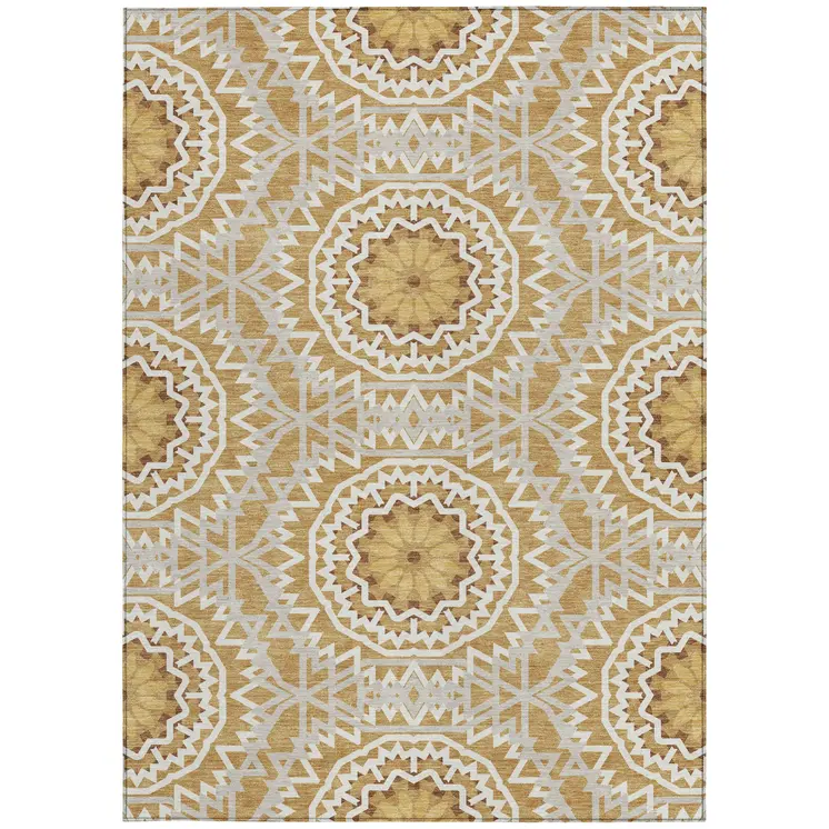 8' X 10' Gold Gray And Ivory Floral Medallion Washable Indoor Outdoor Area Rug