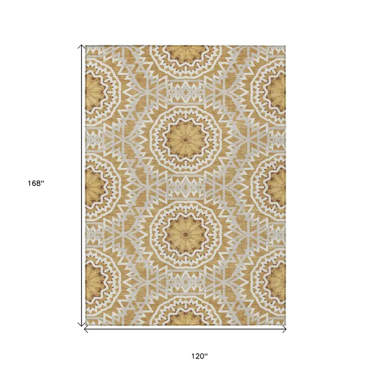 10' X 14' Gold Gray And Ivory Floral Medallion Washable Indoor Outdoor Area Rug