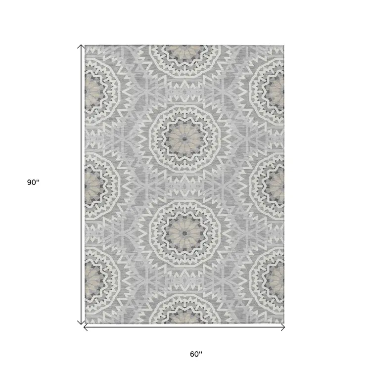 5' X 8' Gray Silver And Ivory Floral Medallion Washable Indoor Outdoor Area Rug