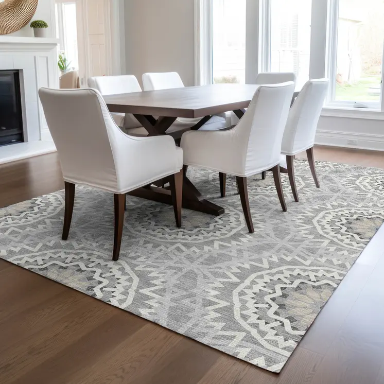 5' X 8' Gray Silver And Ivory Floral Medallion Washable Indoor Outdoor Area Rug