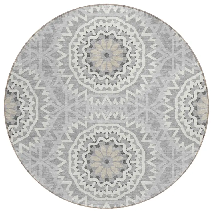 8' Gray Silver And Ivory Round Floral Medallion Washable Indoor Outdoor Area Rug