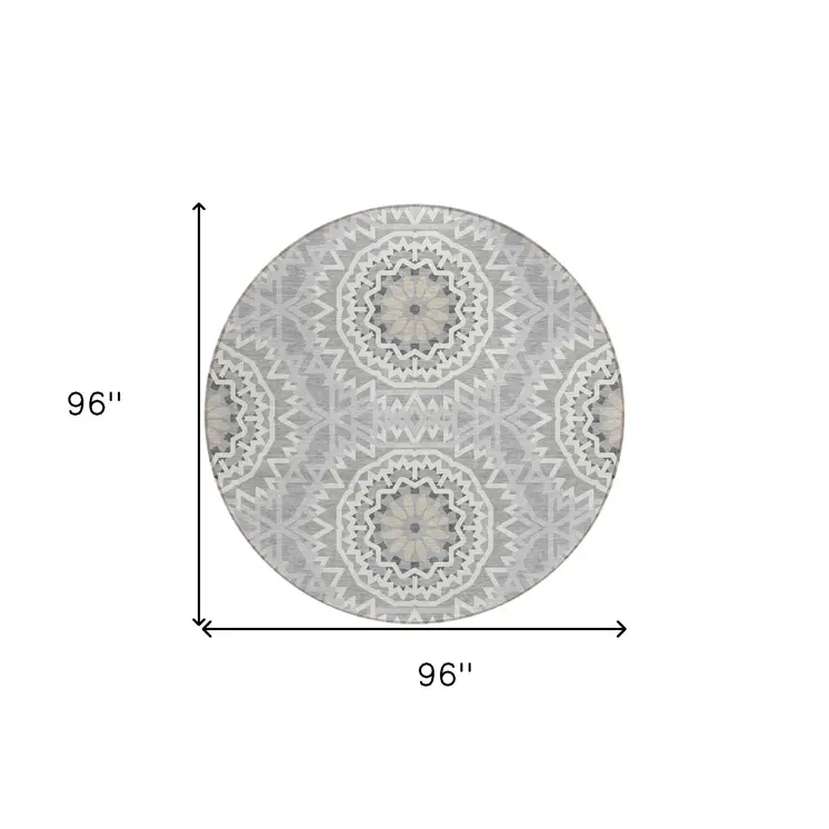 8' Gray Silver And Ivory Round Floral Medallion Washable Indoor Outdoor Area Rug