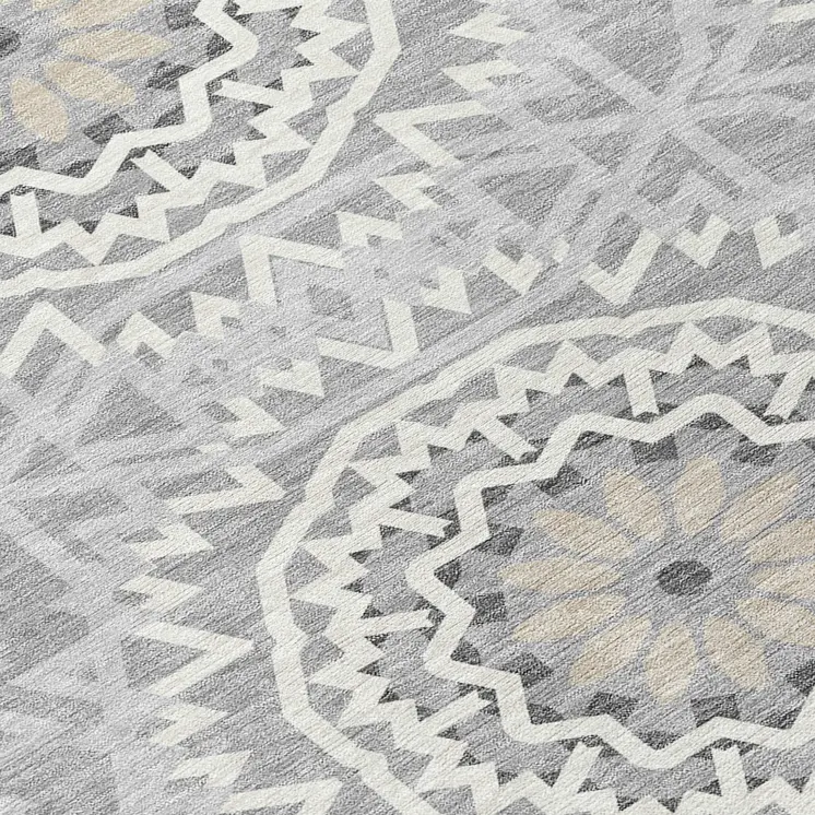 8' Gray Silver And Ivory Round Floral Medallion Washable Indoor Outdoor Area Rug