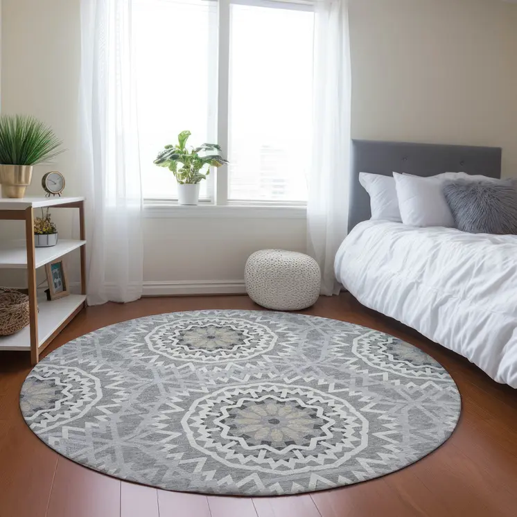 8' Gray Silver And Ivory Round Floral Medallion Washable Indoor Outdoor Area Rug