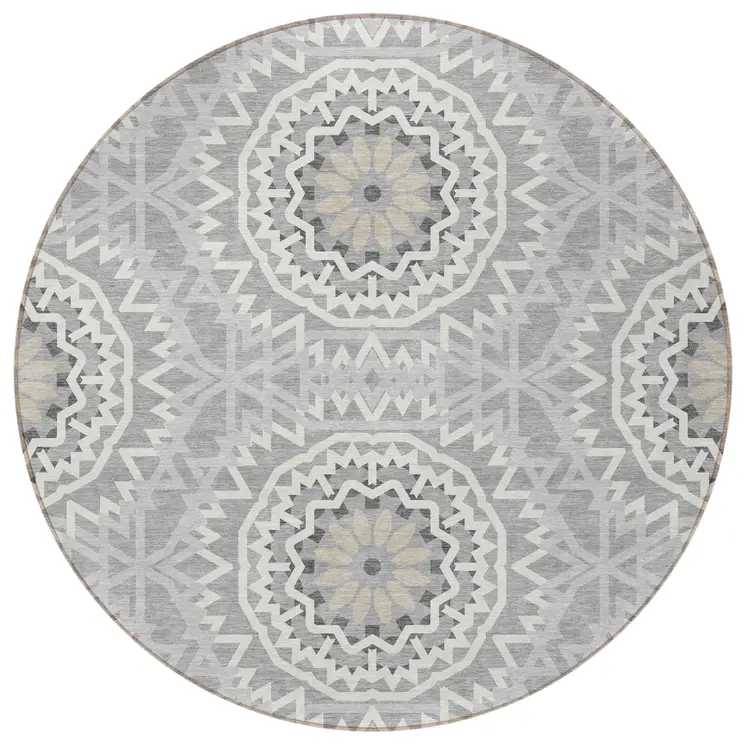 8' Gray Silver And Ivory Round Floral Medallion Washable Indoor Outdoor Area Rug