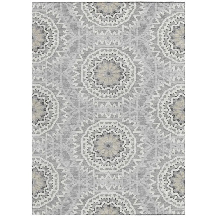 10' X 14' Gray Silver And Ivory Floral Medallion Washable Indoor Outdoor Area Rug