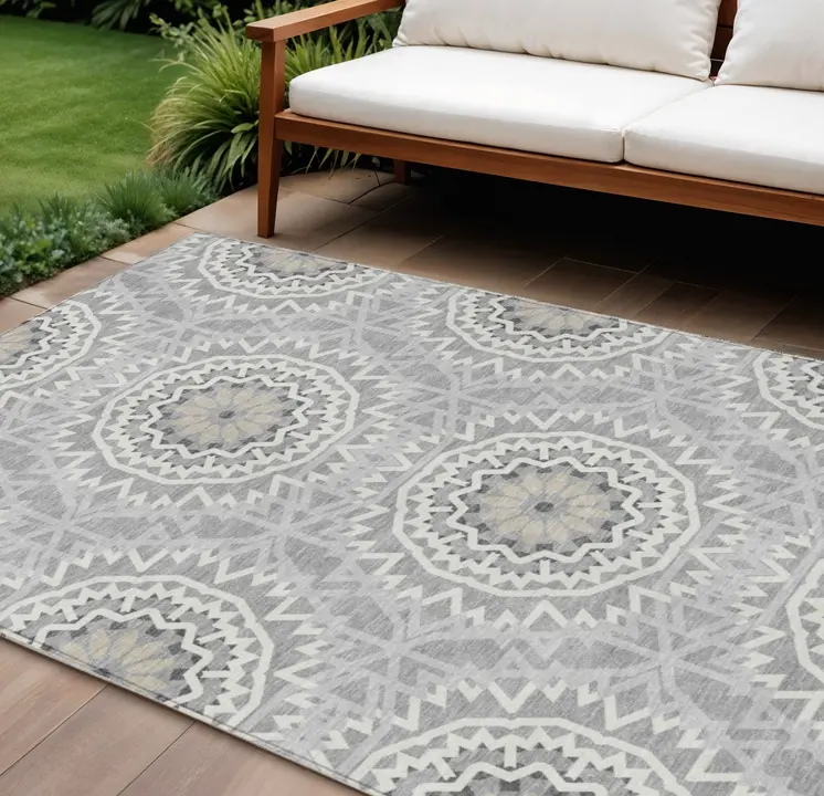 10' X 14' Gray Silver And Ivory Floral Medallion Washable Indoor Outdoor Area Rug