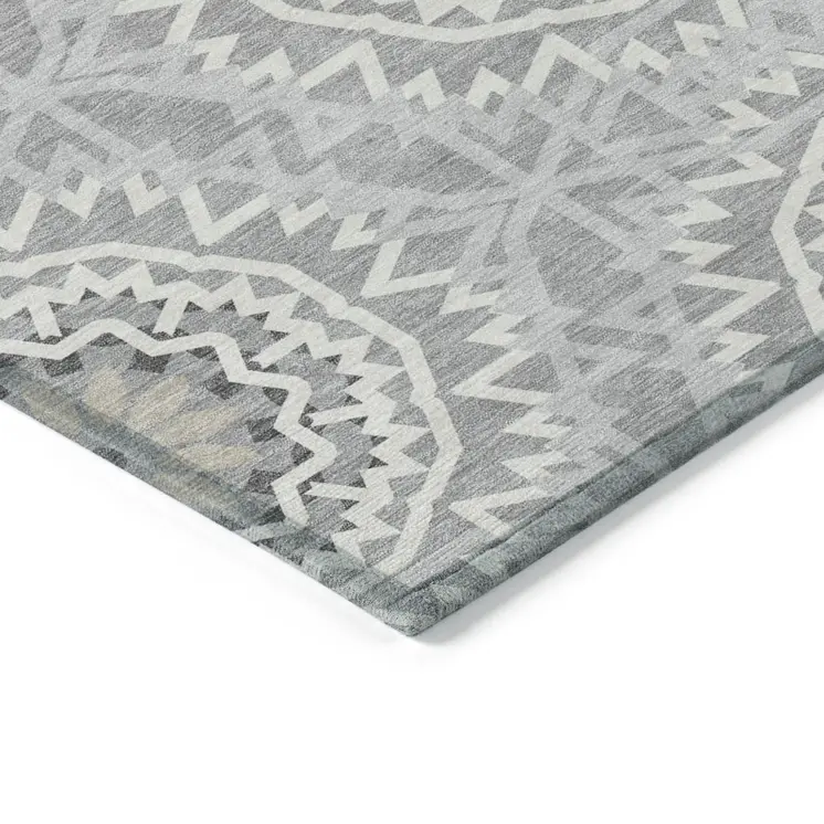 10' X 14' Gray Silver And Ivory Floral Medallion Washable Indoor Outdoor Area Rug