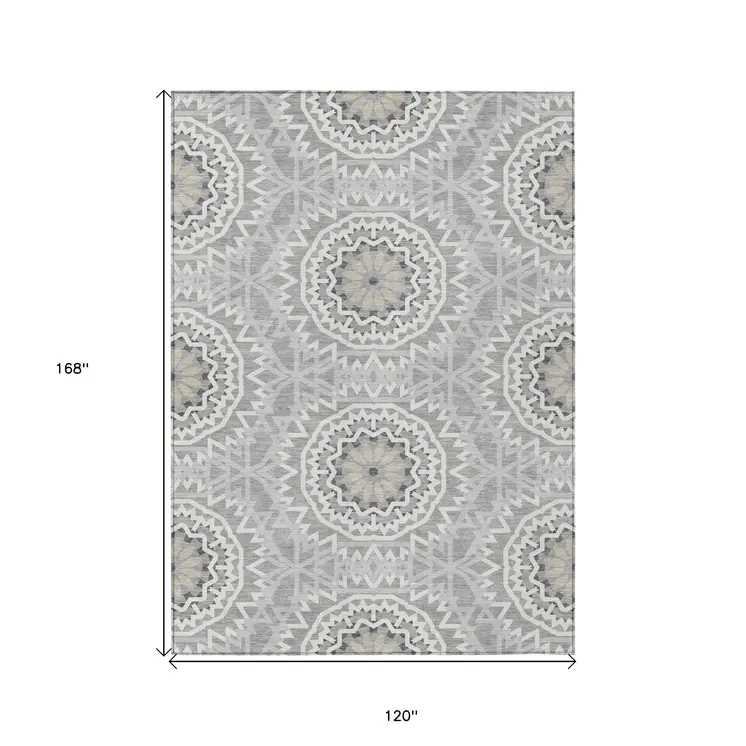 10' X 14' Gray Silver And Ivory Floral Medallion Washable Indoor Outdoor Area Rug