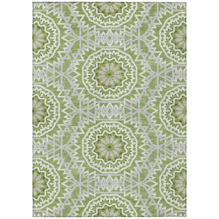 3' X 5' Olive Green And Ivory Floral Medallion Washable Indoor Outdoor Area Rug