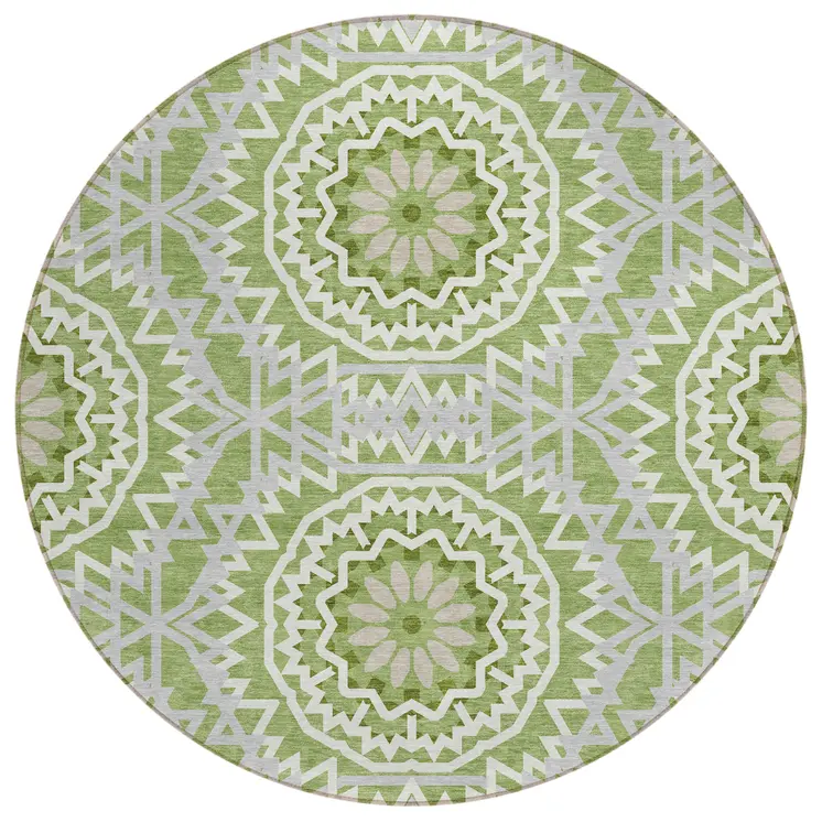 8' Olive Green And Ivory Round Floral Medallion Washable Indoor Outdoor Area Rug