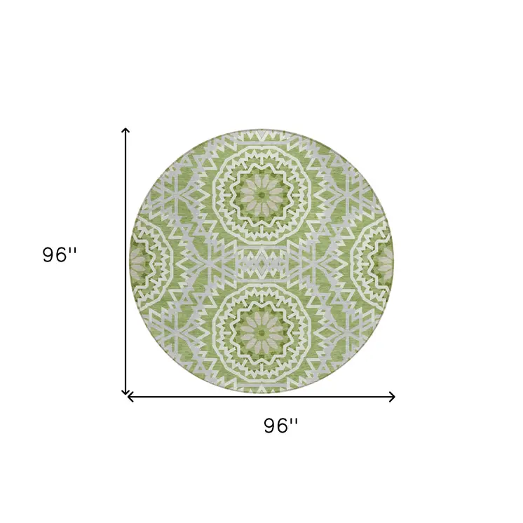8' Olive Green And Ivory Round Floral Medallion Washable Indoor Outdoor Area Rug