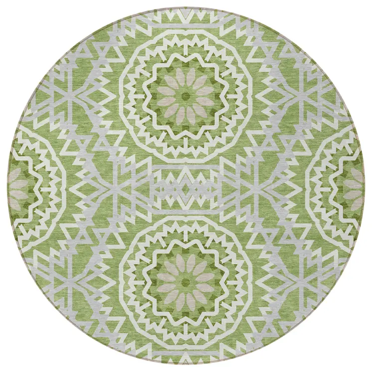 8' Olive Green And Ivory Round Floral Medallion Washable Indoor Outdoor Area Rug