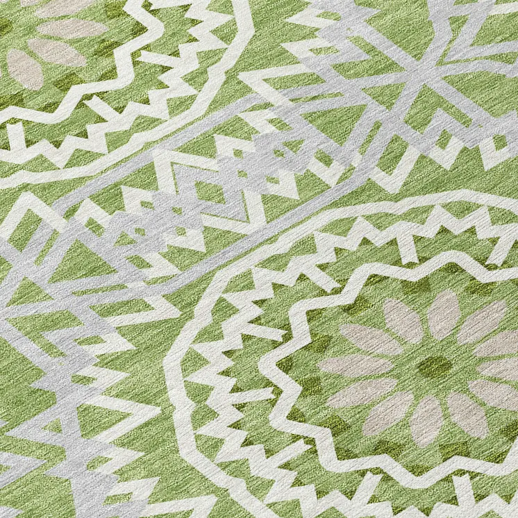 8' Olive Green And Ivory Round Floral Medallion Washable Indoor Outdoor Area Rug