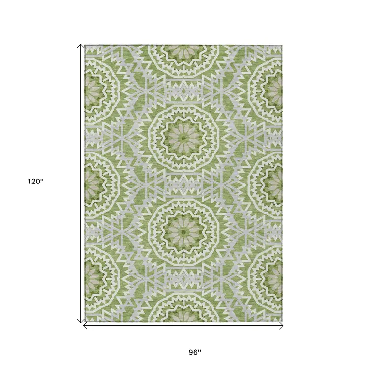 8' X 10' Olive Green And Ivory Floral Medallion Washable Indoor Outdoor Area Rug