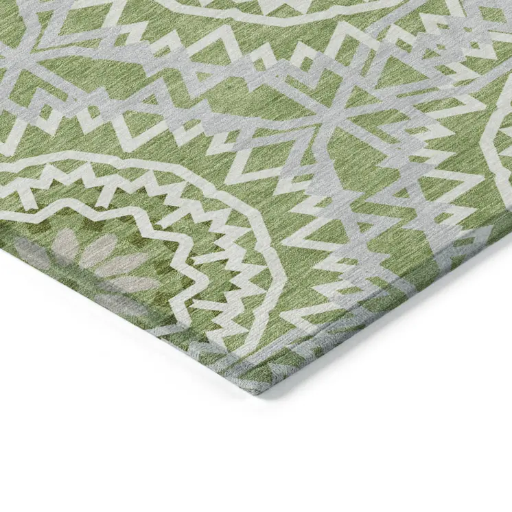 8' X 10' Olive Green And Ivory Floral Medallion Washable Indoor Outdoor Area Rug