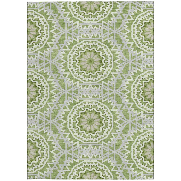 8' X 10' Olive Green And Ivory Floral Medallion Washable Indoor Outdoor Area Rug