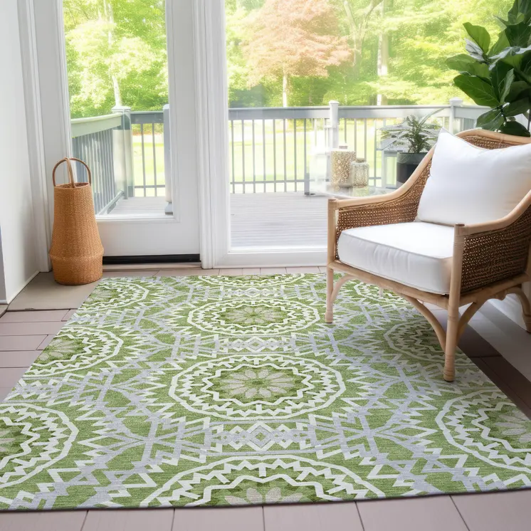8' X 10' Olive Green And Ivory Floral Medallion Washable Indoor Outdoor Area Rug